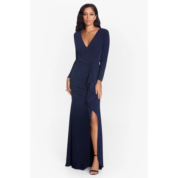 BETSY & ADAM Elle Gown Size 12 Navy Blue Long Sleeve Side Ruffled Slit NWT - Picture 1 of 15